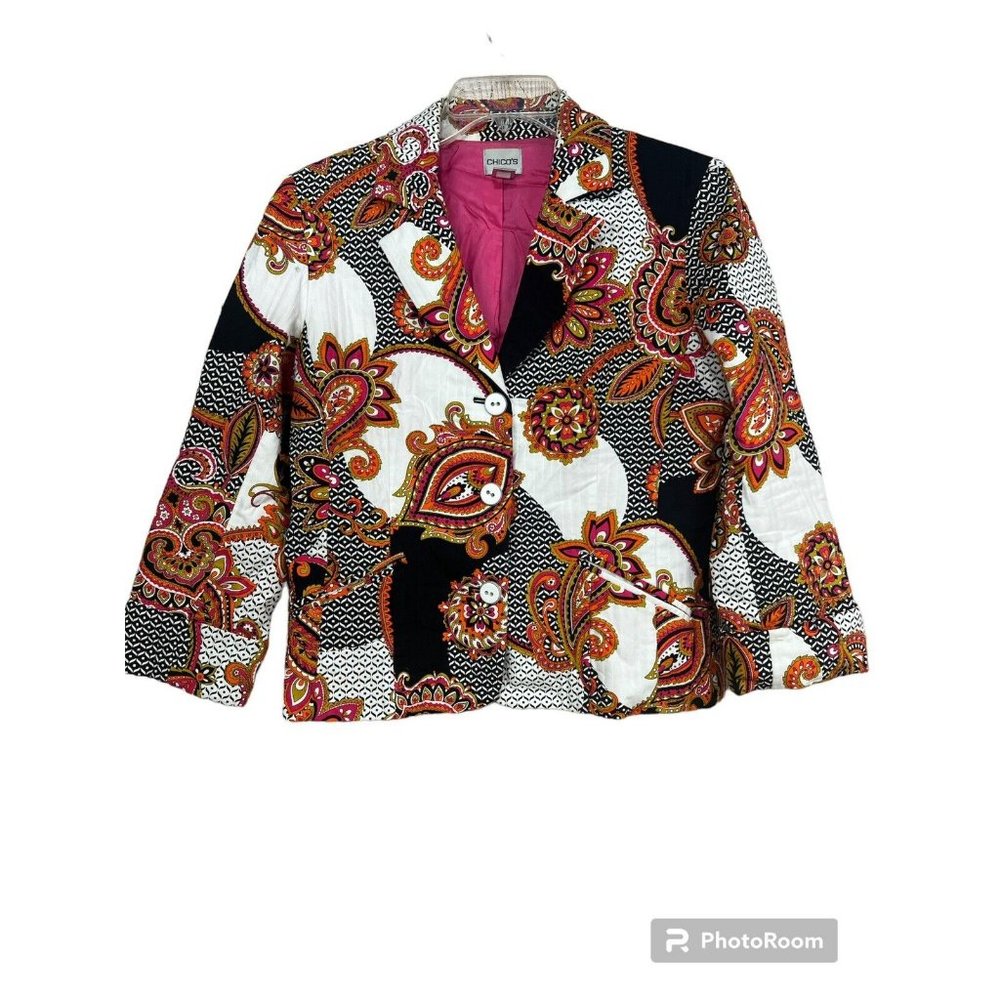 Chico's Quilted Blazer Jacket Button Front Sz 1 Med Orange Black‎ Mixed Print